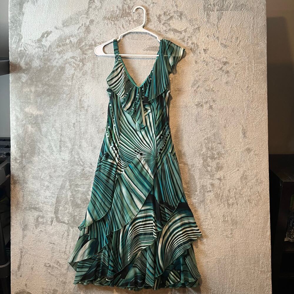 Vintage Y2K Green Ruffleβ Beaded Dress Baddie Retro Boho Chic Festival Fairy S